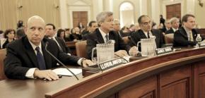 Lloyd Blankfein, CEO of Goldman Sachs gives congressional testimony with other heads of banks: James Dimon (JPMorgan Chase), John Mack (Morgan Stanley), and Brian Moynihan (Bank of America)